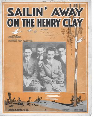 1917년에 출판된 "Sailing Away on the Henry Clay" 악보; 왼쪽부터: 하포, 검모, 치코, 그루초