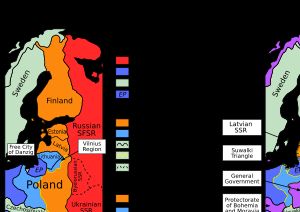 위의 지도는 조약 체결 내용(지도 1)과 실제 결과(지도 2)를 비교한 것이다. 조약 체결 당시에는 리투아니아가 독일의 영향권으로 설정되어 있고 루마니아의 분할은 포함되어 있지 않았다.