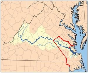 붉은 선은 1646년 조약에 의해 버지니아 식민지와 조공 인디언 부족 간에 설정된 경계를 나타냅니다. 붉은 점은 버지니아 식민지의 수도인 제임스타운을 나타냅니다.
