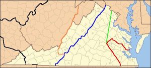 1646년 조약, 1684년 앨버니 조약, 1722년 앨버니 조약, 1763년 선언, 1774년 캠 샬롯 조약 등 버지니아 식민지와 인디언 국가 간의 법적 조약 경계선을 보여주는 선과 오늘날의 주 경계선. 빨간색: 1646년 조약. 녹색: 1684년 앨버니 조약. 파란색: 1722년 앨버니 조약. 주황색: 1763년 선언. 검은색: 1774년 캠 샬롯 조약. 오늘날 버지니아 남서부에 있는 이 선의 서쪽 지역은 1775년에 체로키족에 의해 양도되었다.