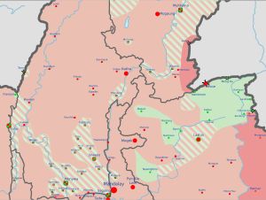 2024년 3월 19일 기준, 1027 작전 1단계에서 친군부 세력에게서 탈환한 지역 지도