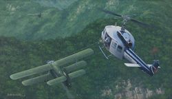 1968년 라오스의 비밀 TACAN 기지 '리마 사이트 85' 부근에서 에어 아메리카의 UH-1B 헬기가 북베트남 공군의 An-2를 격추하는 장면을 묘사한 그림. 이 전투 후 리마 사이트 85는 파테트 라오 등의 공격으로 함락되었다.