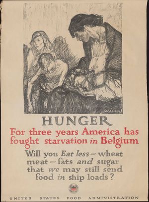 미국 식량 관리국에서 1914-1917년경에 제작한 포스터로, 미국인들에게 식량을 배급할 것을 촉구하고 있다.