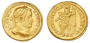 월계관을 쓴 리키니우스가 오른쪽을 보고 있는 금화