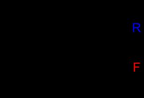 2세대 플루오로퀴놀론 항생제의 기본 구조와 치환 부위. 퀴놀론 고리(질소 포함 피리딘 고리가 왼쪽)를 기준으로 R1, R5, R6, R7, R8 위치에 다양한 치환기가 붙어 항균 스펙트럼과 약동학적 특성이 달라진다. 특징적인 6번 위치의 플루오린(F) 원자가 표시되어 있다(빨간색). 예를 들어 시프로플록사신은 R1에 사이클로프로필기, R7에 피페라진 고리가 있다.