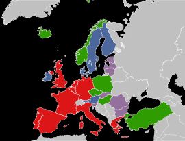 2011년 기준 서유럽 연합 참여 현황 (빨간색: 회원국, 초록색: 준회원국, 파란색: 옵서버 국가, 보라색: 협력 파트너 국가)
