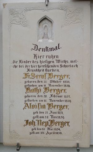 바트 퓌싱, 독일: 1858~59년 현지 성홍열 유행으로 사망한 지역 여관 주인의 네 자녀를 기리는 기념비