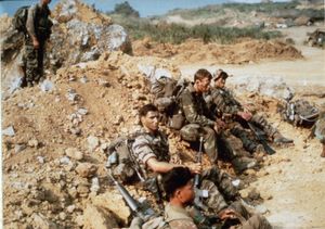 1968년 4월 7일. 케산(Khe Sanh) 순찰을 기다리는 LZ 스터드(LZ Stud)의 E 중대 LRP 팀