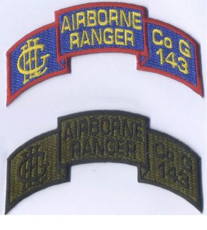 G 중대 (레인저) 제143보병 레인저들이 착용한 레인저 중대 스크롤 견장 소매 휘장 (SSI).