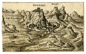 슈코더르의 원경, 로자파 성이 바위산 위에 위치 - 17세기