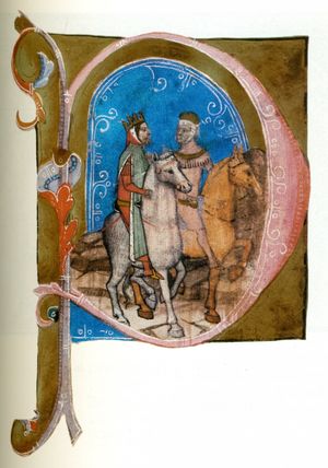 각각 말을 탄 두 명의 왕관을 쓴 남자