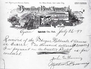 1897년 7월 FN으로부터 브라우닝 형제가 받은 계약금 2,000달러에 대한 영수증