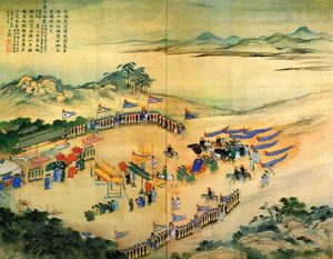 영은문에서 청나라 사신을 영접하는 조선 국왕을 묘사한 그림