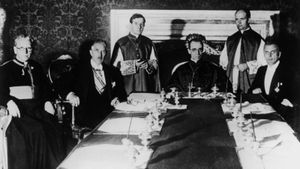 1933년 7월 20일 로마에서 열린 Reichskonkordat 조인식 (왼쪽부터: 독일 고위 성직자 루트비히 카스, 독일 부총리 프란츠 폰 파펜, 특별 교회 사무 차관 주세페 피자르도, 국무원 추기경 에우제니오 파첼리, 알프레도 오타비아니, 그리고 Reichsministerium des Inneren [내무부]의 일원 루돌프 부트만).