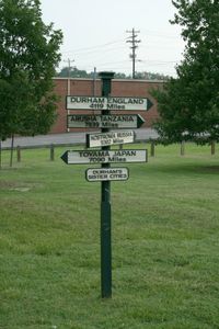 자매 도시의 방향과 거리를 나타내는 표지