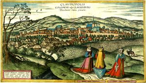 "Claudiopolis, Coloswar vulgo Clausenburg, Transilvaniæ civitas primaria". 클루지(Cluj)의 조르지스 호프나겔(Georg Houfnagel)의 판화(1617)