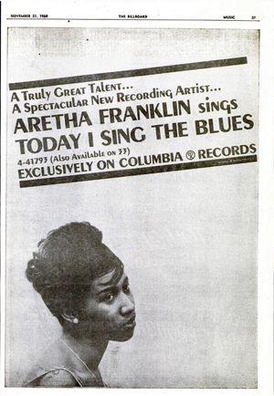 빌보드의 프랭클린 데뷔 싱글 "Today I Sing the Blues" 광고 (1960년 11월 21일)