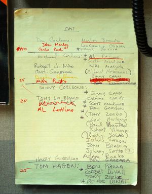 프랜시스 포드 코폴라가 손으로 쓴 《대부》 캐스팅 노트로, 브란도가 돈 비토 꼴레오네 역의 유력 후보임을 보여준다.