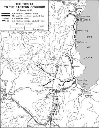 남쪽으로 진격하는 적군 대열을 통과하는 세 개의 대규모 부대 진격도