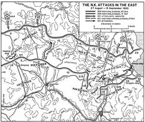 지형도에 따르면 북한 부대가 해안 지역을 따라 진격하고 있습니다.