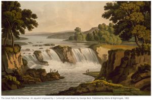 포토맥강의 그레이트폴스 (The Great Falls of the Potomac), 버지니아 강둑에서 바라본 모습 (조지 야콥 베크 (George Jacob Beck)가 1802년에 그린 아쿠아틴트 판화)