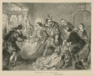 19세기 중반 판화, 4막 3장 (페트루치오가 재단사의 카테리나 의상을 거부하다)