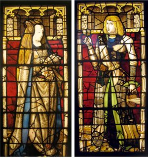 브뤼헤의 성혈 예배당 스테인드글라스에 그려진 펠리페 1세 부부(15세기 말 작품)