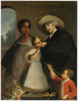 De español y mulata: morisca. Painting; 1763 by Miguel Cabrera, México.