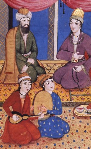 잔드 왕조 시대의 그림 예시, 1790년경. 악기는 타르와 다프이다.