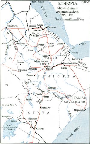1941년 이탈리아가 에티오피아와 이탈리아령 동아프리카에 건설한 새로운 도로 (예: "황제 도로" 및 건설 중인 도로)를 빨간색으로 표시한 지도