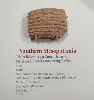 보리 관련 법적 분쟁에 관한 점토판, 우루크 출토, 나보니두스 치세(기원전 544년). 시카고 대학교 오리엔탈 연구소 전시