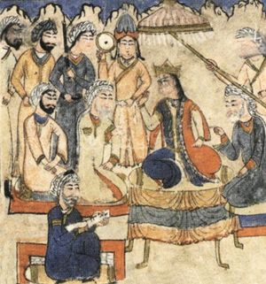 셰이크 우와이스 잘라이르 (1356–1374)의 궁정을 묘사한 당시 그림, 파르하드나마 (1369–72)