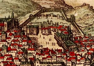 16세기 지도에 묘사된 호시우 광장 주변 지역의 그림. 이미지 중앙의 광장은 에스타우스 궁전(광장 왼쪽 상단)과 거대한 모든 성인 병원(오른쪽)으로 둘러싸여 있다.