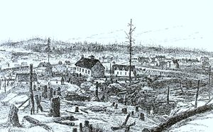 1888년 서드베리의 캐나다 태평양 철도 분기점. 철도 건설은 서드베리 분지 가장자리에서 높은 농도의 니켈-구리 광석 발견으로 이어졌다.