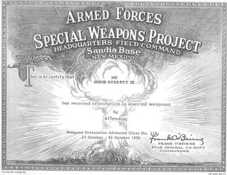 1956년 뉴멕시코 연구소에서 핵무기 관련 강좌에 참석한 에버렛에게 발급된 수료증