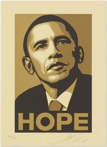 셰퍼드 페어리, 오바마 희망 골드(오바마를 위한 예술가 포트폴리오에서) 2008, 실크스크린, 300개 에디션, 14" × 10¼" (36 × 26 cm)