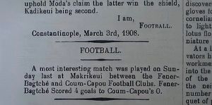 1908년 3월 1일 지역 토너먼트 페네르바흐체 경기 관련 신문 기사