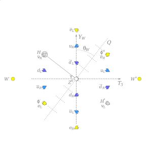 알려진 기본 입자의 약한 아이소스핀, T3, 및 약한 초전하, YW 패턴