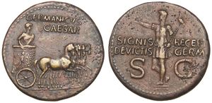 37년부터 41년까지의 두폰디우스, 앞면에는 게르마니쿠스의 개선, 뒷면에는 게르마니쿠스가 아퀼라를 들고 있는 모습