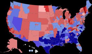 선거구별 득표율 (민주당: 파랑, 공화당: 빨강)