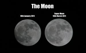 2011년 3월 19일 슈퍼문(오른쪽)과 2011년 1월 18일 평균 보름달(왼쪽)의 비교, 지구에서 관측
