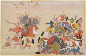 마하데비(Mahadevi)가 아수라 군대와 싸우는 모습(오른쪽), 데비 마하트미야(Devi Mahatmya) 삽화