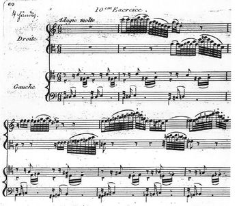 라이하의 작품 30의 마지막 피아노 연습곡. 각 손에 두 개의 악보와 네 개의 다른 음자리표를 사용했다.