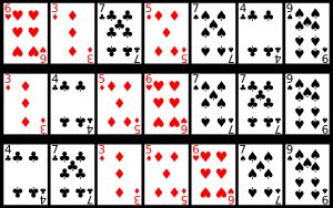 안정 정렬을 이용한 카드 정렬 예시. 먼저 랭크(숫자)로 정렬한 뒤, 무늬(Suit)로 안정 정렬을 수행하면 각 무늬 내에서 랭크 순서가 유지된다.