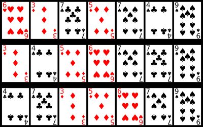 안정 정렬을 이용한 카드 정렬 예시. 먼저 랭크별로 정렬한 뒤, 무늬별로 안정 정렬을 수행하면 각 무늬 내에서 랭크 순서가 유지된다.