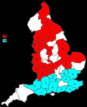 2022-23 시즌 잉글랜드 카운티별 6부 리그 팀 분포도