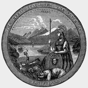 캘리포니아주 문장, 1870년의 문장으로, 여신 미네르바의 창 위에 "EUREKA"라는 단어가 새겨져 있다.