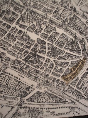 1630년 보름스 지도. 유대인 거주 구역이 노란색으로 표시되어 있다.