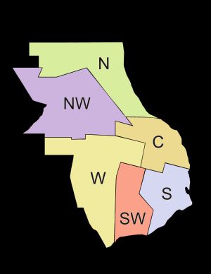 로사리오 시의 행정구역 다이어그램, 중앙 구역, 북부 구역, 북서부 구역, 서부 구역, 남서부 구역 및 남부 구역