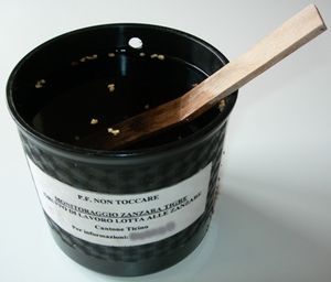 모기 산란덫은 흰줄숲모기를 감지하는 데 사용된다. 나무 노에 흰줄숲모기가 알을 낳으면 그 존재를 확인할 수 있다. 물속의 갈색 미소체는 부화한 모기 유충을 죽이는 비티아이균 표본이다.